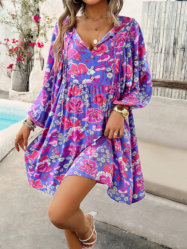 V-neck Mini Dress with Floral Print and Long Sleeves Mini Dresses MyDresses 