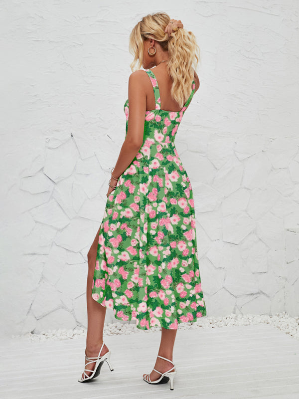 Floral Print Midi Dress with Square Neckline and Front Tie Detail Midi Dresses MyDresses 