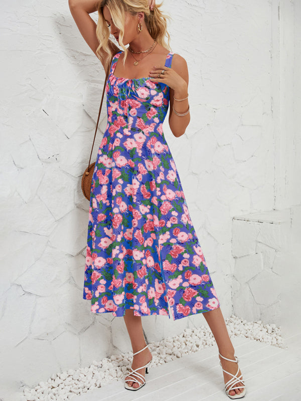 Floral Print Midi Dress with Square Neckline and Front Tie Detail Midi Dresses MyDresses 