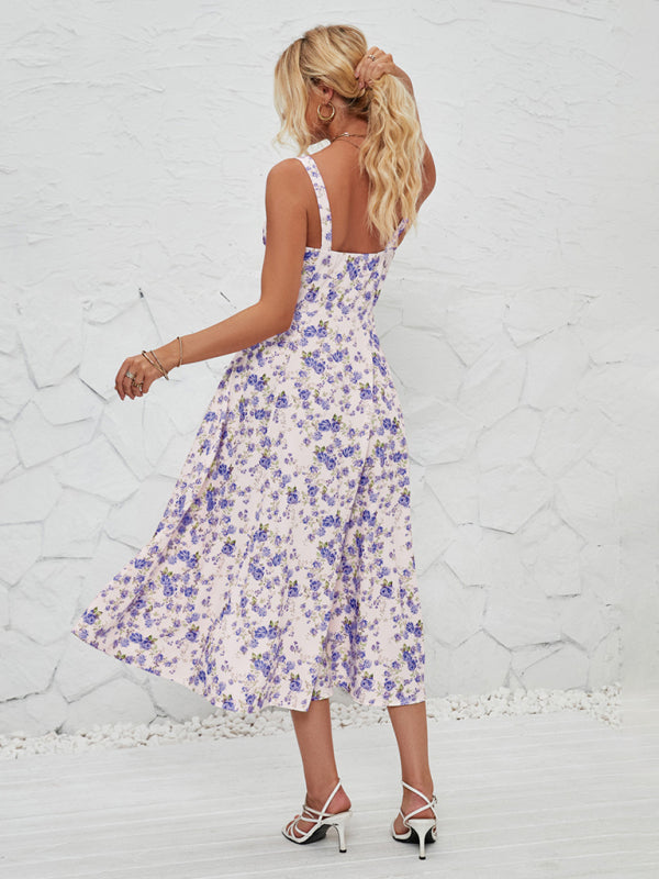 Floral Print Midi Dress with Square Neckline and Front Tie Detail Midi Dresses MyDresses 