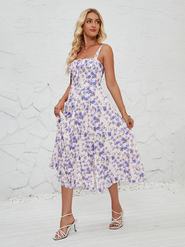 Floral Print Midi Dress with Square Neckline and Front Tie Detail Midi Dresses MyDresses Indigo 8 | S 