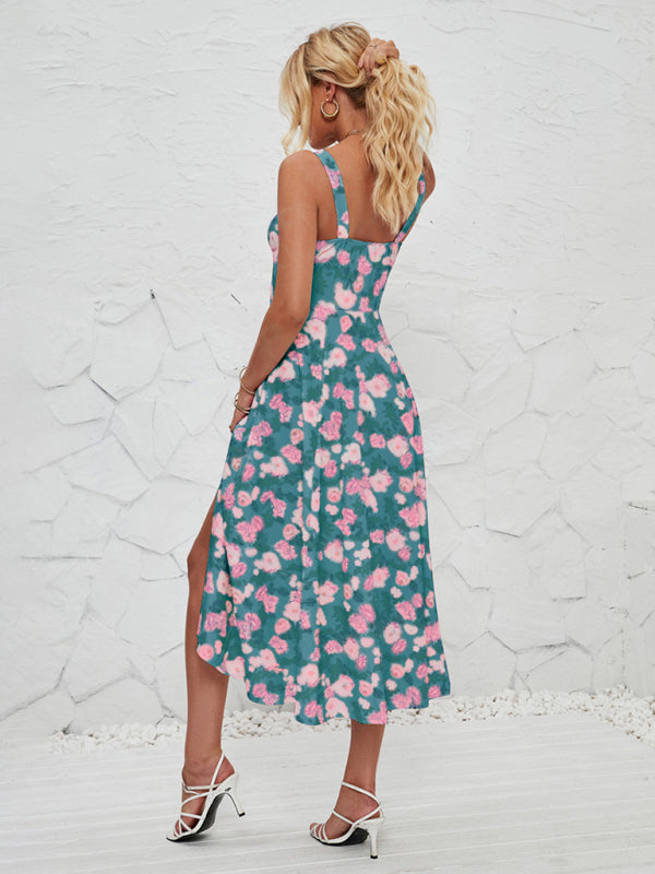 Floral Print Midi Dress with Square Neckline and Front Tie Detail Midi Dresses MyDresses 