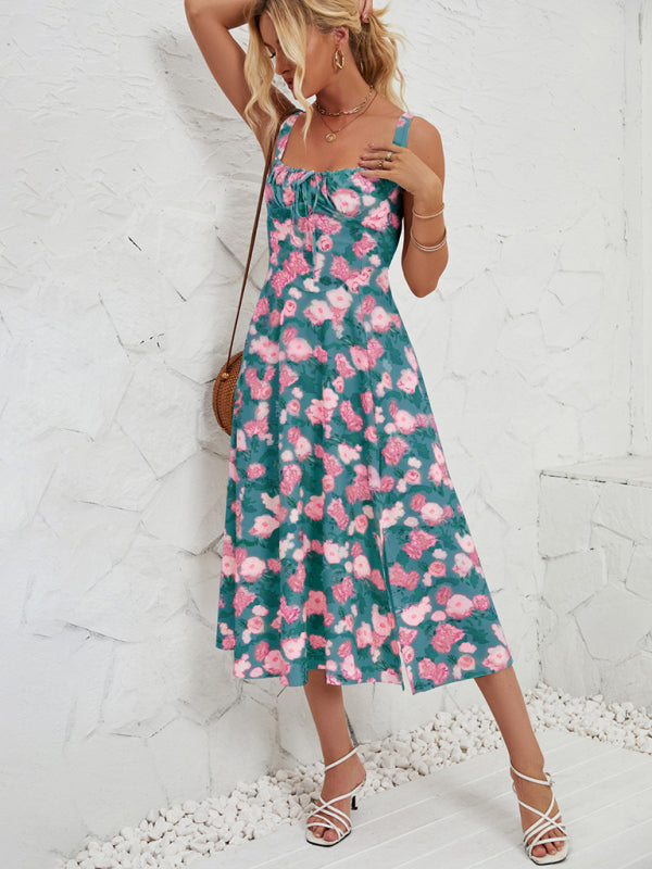 Floral Print Midi Dress with Square Neckline and Front Tie Detail Midi Dresses MyDresses Blue Green 8 | S 