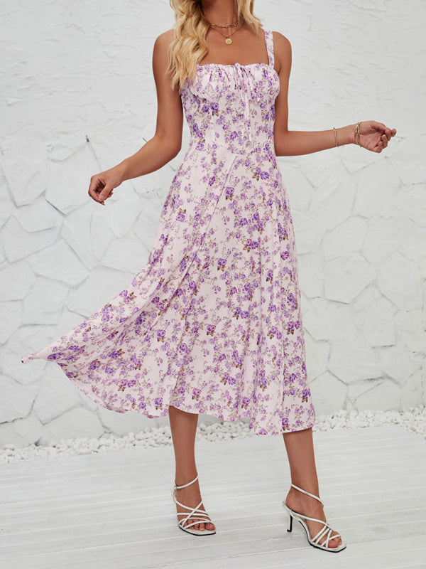 Floral Print Midi Dress with Square Neckline and Front Tie Detail Midi Dresses MyDresses Violet 8 | S 