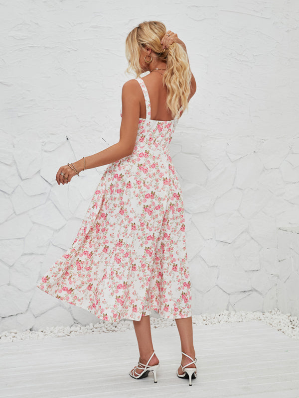 Floral Print Midi Dress with Square Neckline and Front Tie Detail Midi Dresses MyDresses 