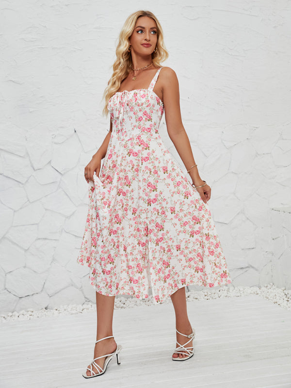 Floral Print Midi Dress with Square Neckline and Front Tie Detail Midi Dresses MyDresses 