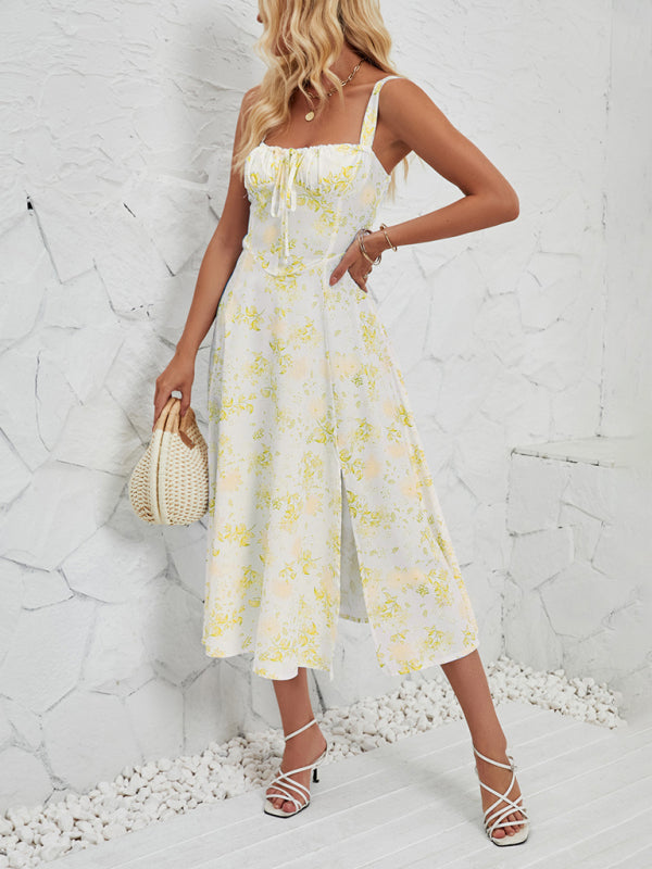 Floral Print Midi Dress with Square Neckline and Front Tie Detail Midi Dresses MyDresses Yellow 8 | S 