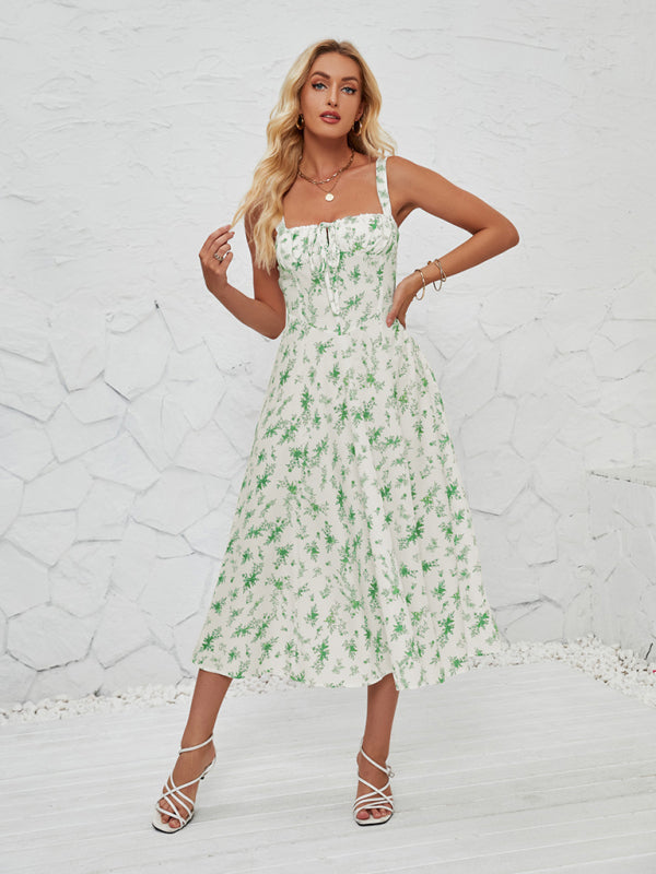 Floral Print Midi Dress with Square Neckline and Front Tie Detail Midi Dresses MyDresses Leafy Green 8 | S 