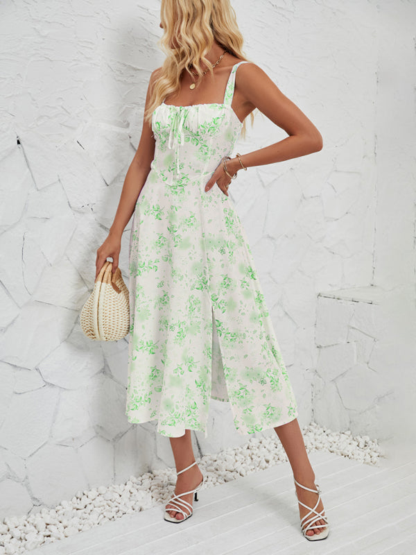 Floral Print Midi Dress with Square Neckline and Front Tie Detail Midi Dresses MyDresses Pale green 8 | S 