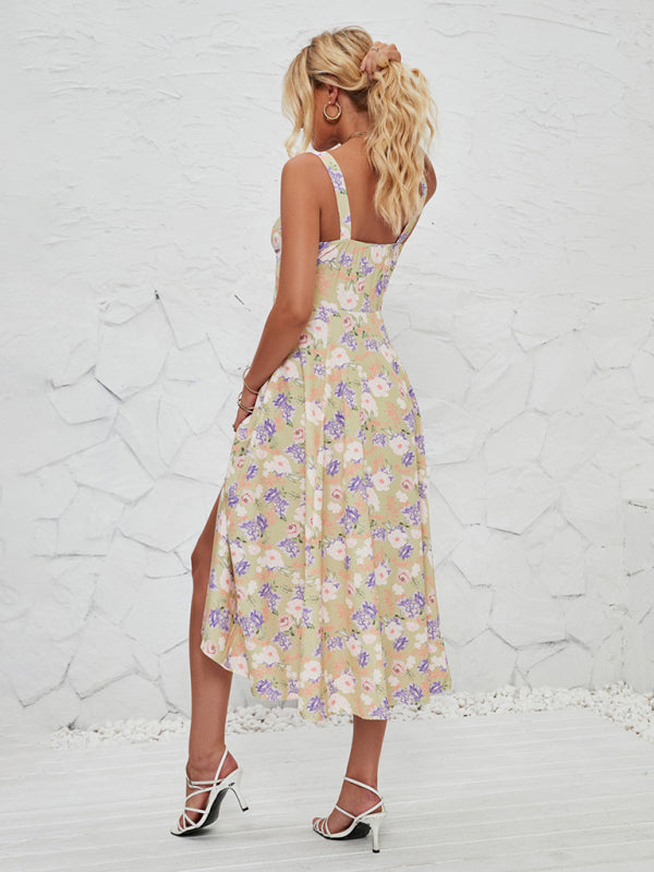 Floral Print Midi Dress with Square Neckline and Front Tie Detail Midi Dresses MyDresses 