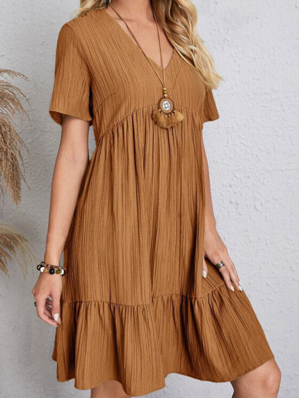 V-neck Short Sleeve Dress with Loose Hem and Wrinkle-Resistant Fabric Mini Dresses MyDresses 