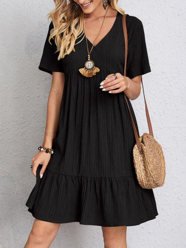 V-neck Short Sleeve Dress with Loose Hem and Wrinkle-Resistant Fabric Mini Dresses MyDresses Black 8 | S 