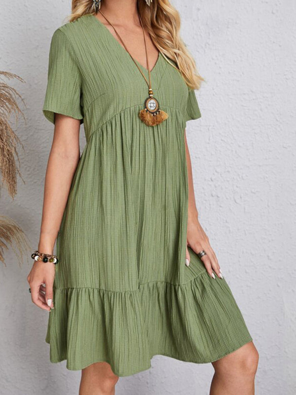 V-neck Short Sleeve Dress with Loose Hem and Wrinkle-Resistant Fabric Mini Dresses MyDresses 