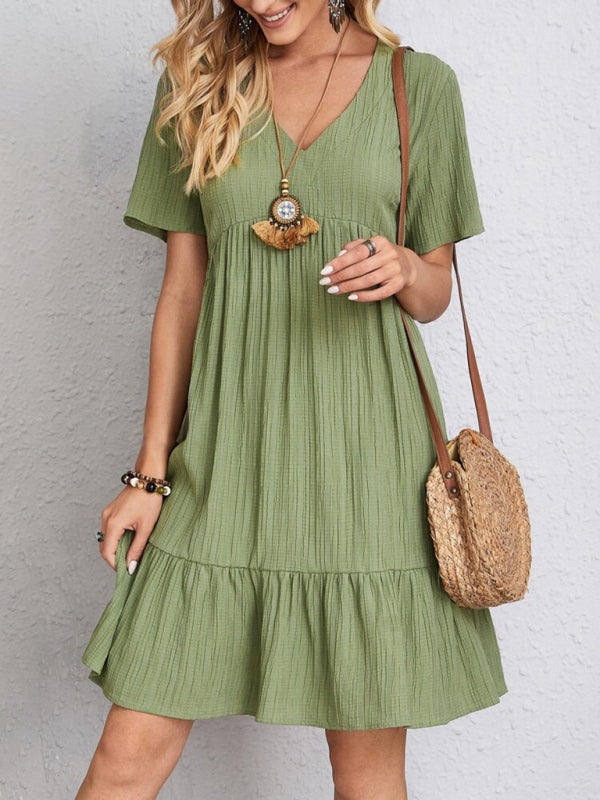 V-neck Short Sleeve Dress with Loose Hem and Wrinkle-Resistant Fabric Mini Dresses MyDresses Dark Green 8 | S 