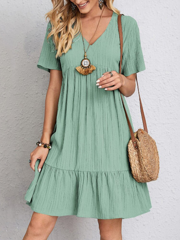 V-neck Short Sleeve Dress with Loose Hem and Wrinkle-Resistant Fabric Mini Dresses MyDresses Pale Green 8 | S 