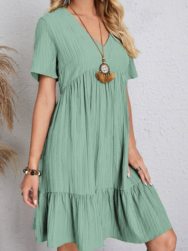 V-neck Short Sleeve Dress with Loose Hem and Wrinkle-Resistant Fabric Mini Dresses MyDresses 