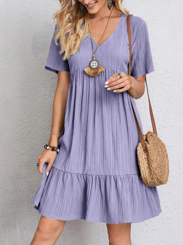 V-neck Short Sleeve Dress with Loose Hem and Wrinkle-Resistant Fabric Mini Dresses MyDresses Purple 8 | S 