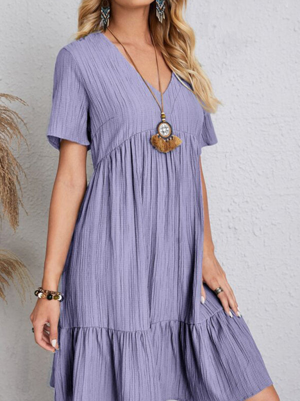 V-neck Short Sleeve Dress with Loose Hem and Wrinkle-Resistant Fabric Mini Dresses MyDresses 