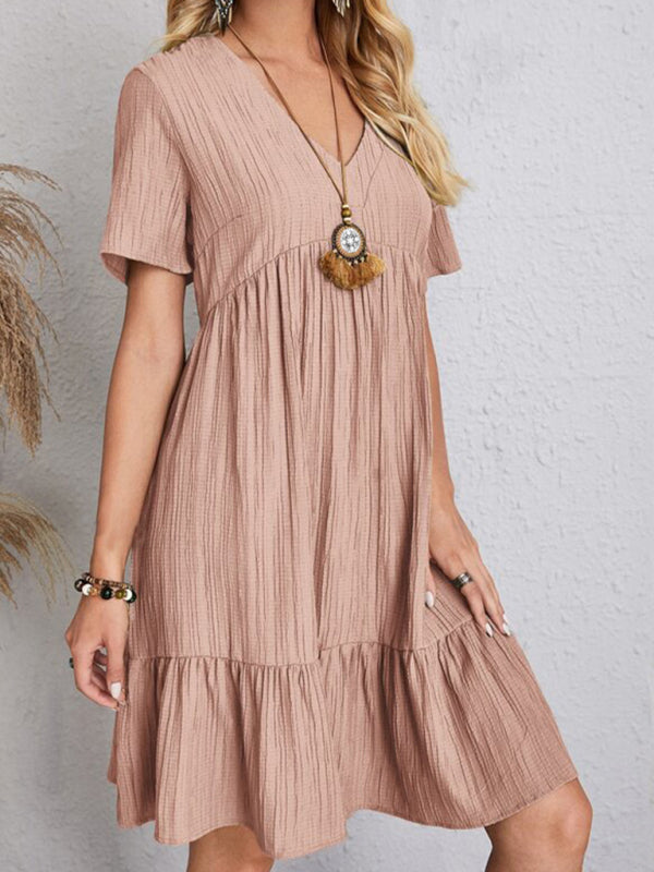 V-neck Short Sleeve Dress with Loose Hem and Wrinkle-Resistant Fabric Mini Dresses MyDresses 