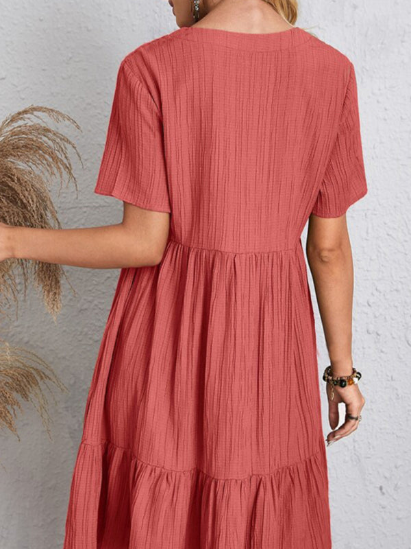 V-neck Short Sleeve Dress with Loose Hem and Wrinkle-Resistant Fabric Mini Dresses MyDresses 