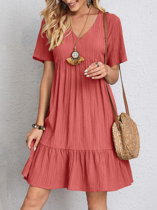 V-neck Short Sleeve Dress with Loose Hem and Wrinkle-Resistant Fabric Mini Dresses MyDresses Red 8 | S 