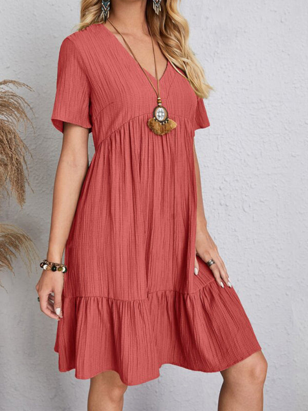 V-neck Short Sleeve Dress with Loose Hem and Wrinkle-Resistant Fabric Mini Dresses MyDresses 