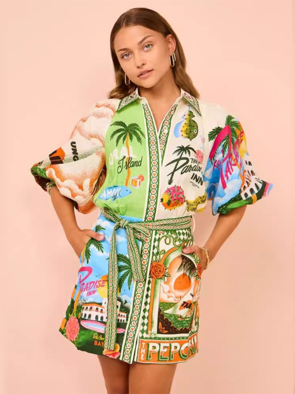 Tropical Print Button-Down Shirt Dress with Belted Waist Group8 MyDresses Green 8 | S