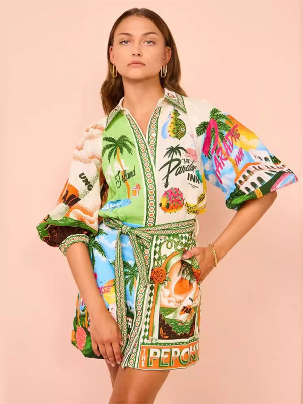 Tropical Print Button-Down Shirt Dress with Belted Waist Group8 MyDresses