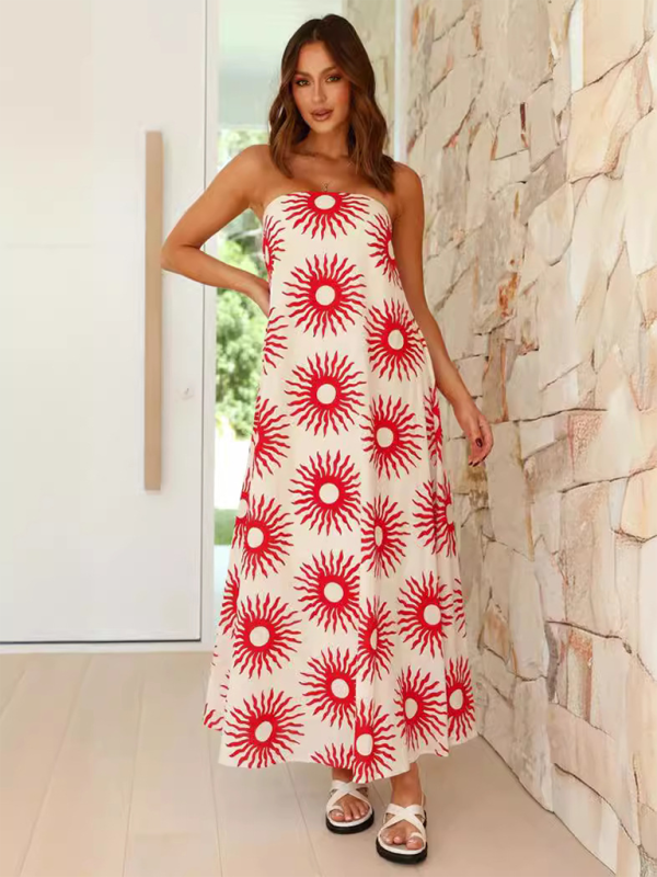 Tropical Print Strapless Maxi Dress with Flowy Design Maxi Dresses MyDresses Cream 8 | S 