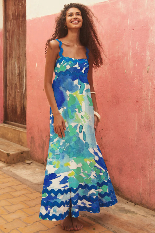 Wave Pattern Midi Dress with Sleeveless A-Line Silhouette Midi Dresses MyDresses Blue Green 8 | S 