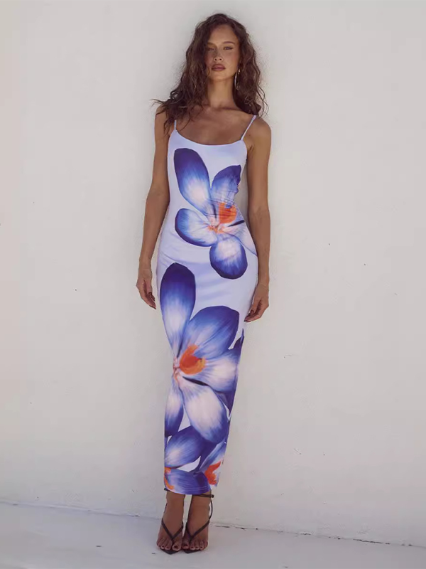 Floral Print Bodycon Dress with Spaghetti Straps Maxi Dresses MyDresses Clear blue 8 | S 