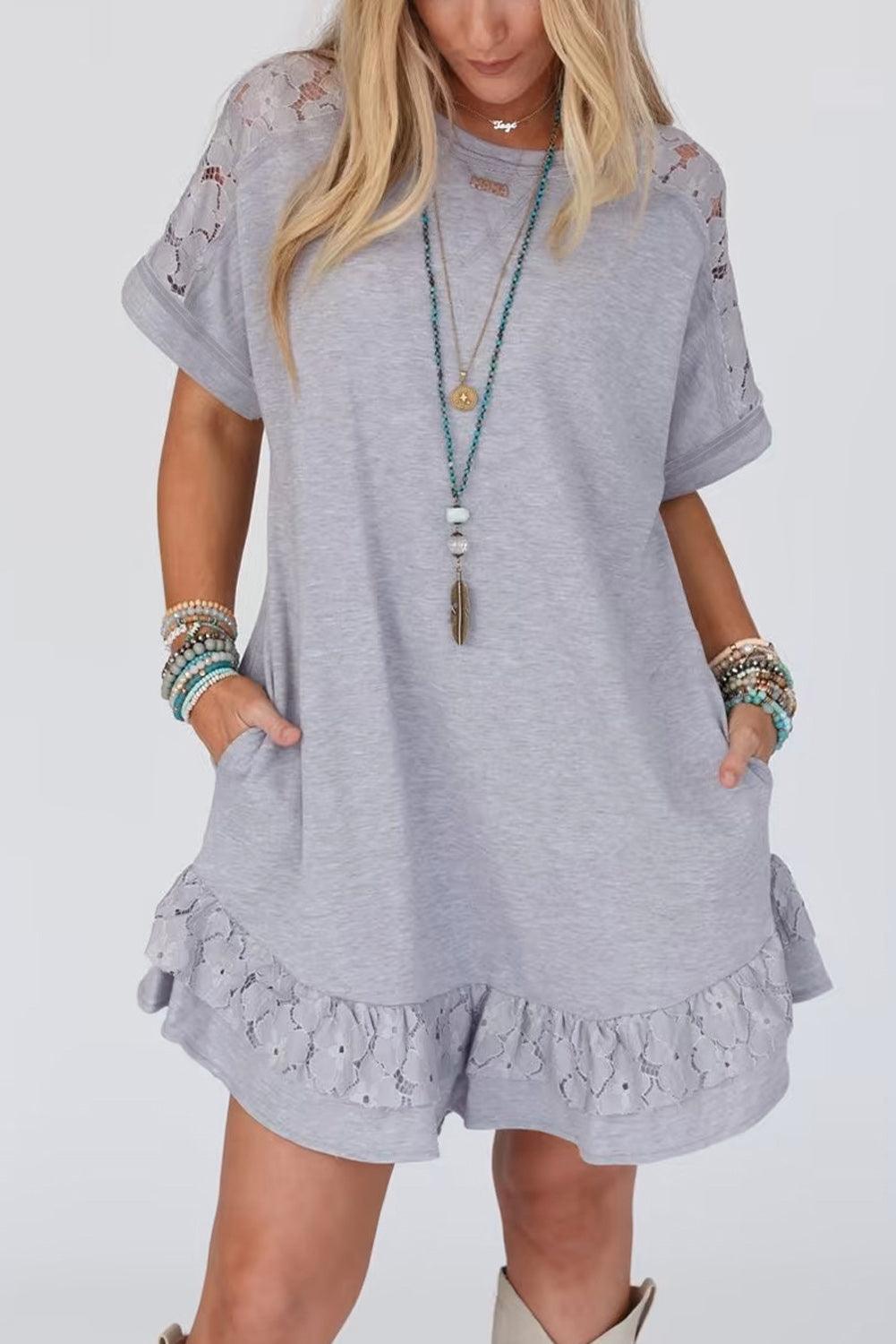 Lace Patchwork Ruffle T-shirt Dress T Shirt Dresses MyDresses Light Grey 8 | S 