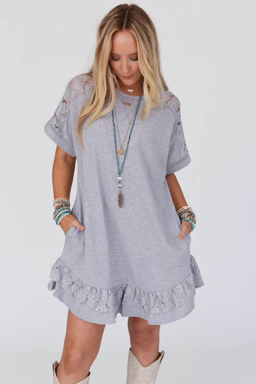 Lace Patchwork Ruffle T-shirt Dress T Shirt Dresses MyDresses 