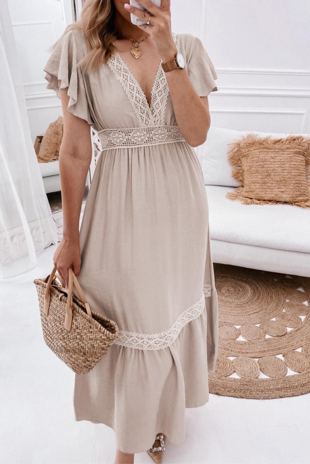 Lace V-Neck Ruffled Sleeve Empire Dress Maxi Dresses MyDresses Beige 8 | S 