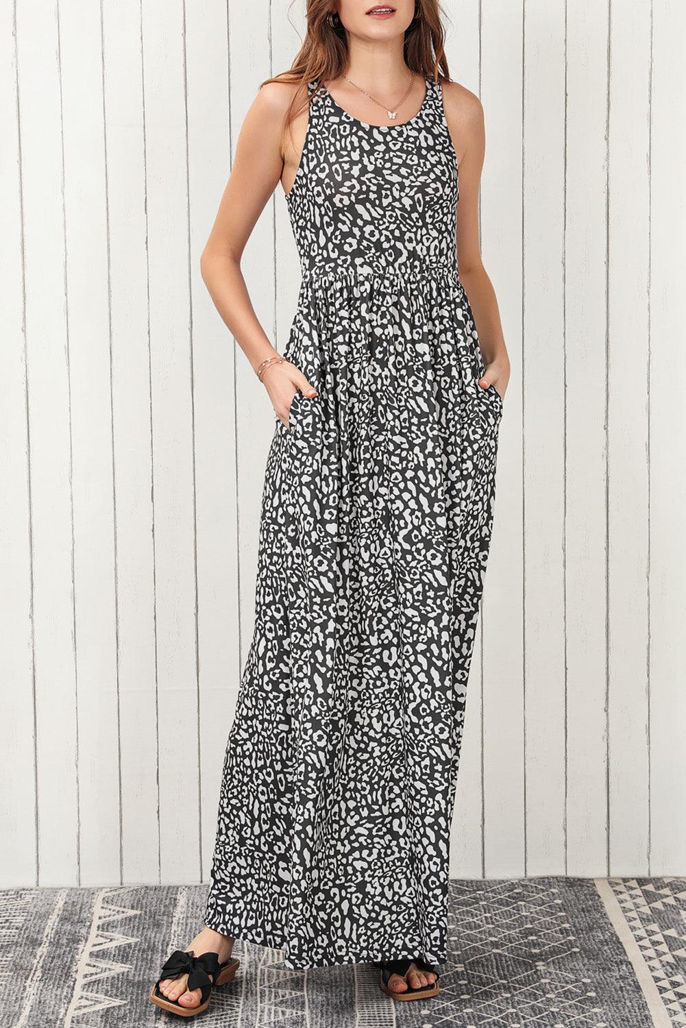 Leopard Print Pocket Maxi Dress Sleeveless Maxi Dresses MyDresses Grey 8 | S 