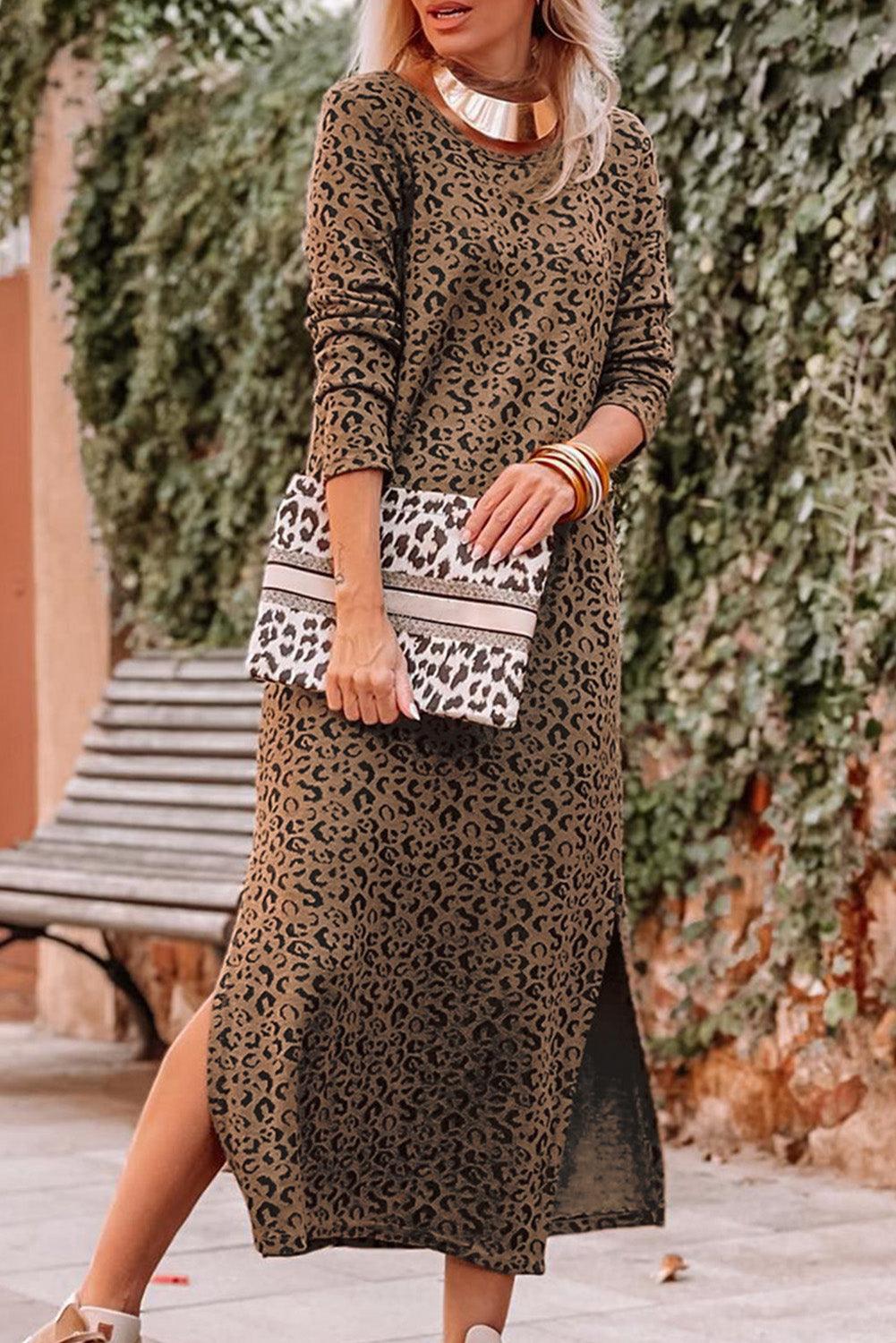 Leopard Print Round Neck Split Long Sleeve Dress Maxi Dresses MyDresses Leopard 8 | S 