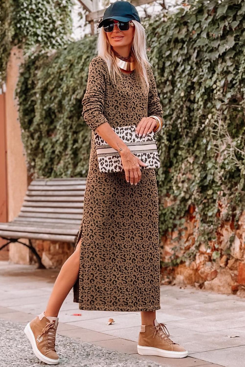 Leopard Print Round Neck Split Long Sleeve Dress Maxi Dresses MyDresses 