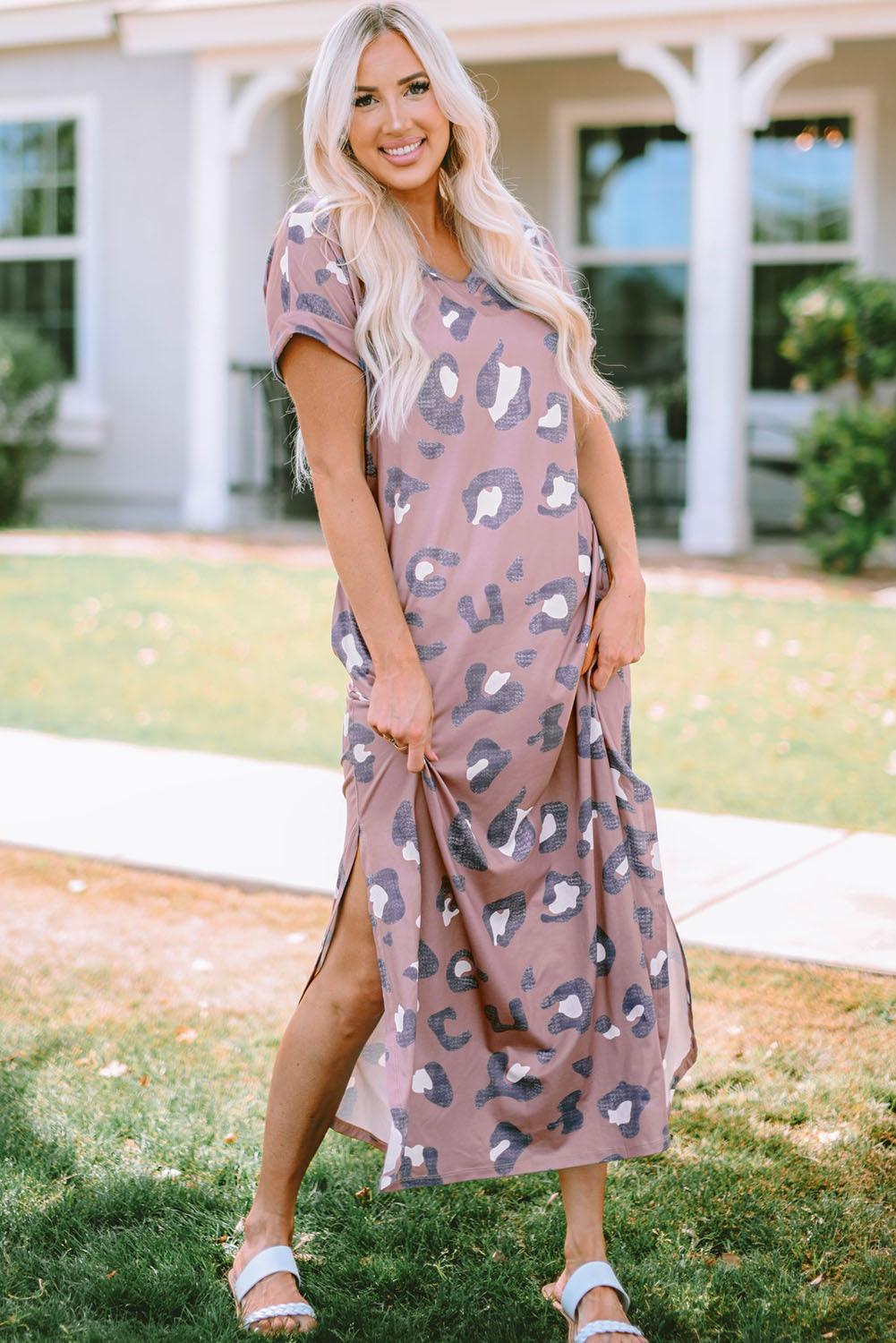 Leopard V-Neck Long Tee Dress Maxi Dresses MyDresses 