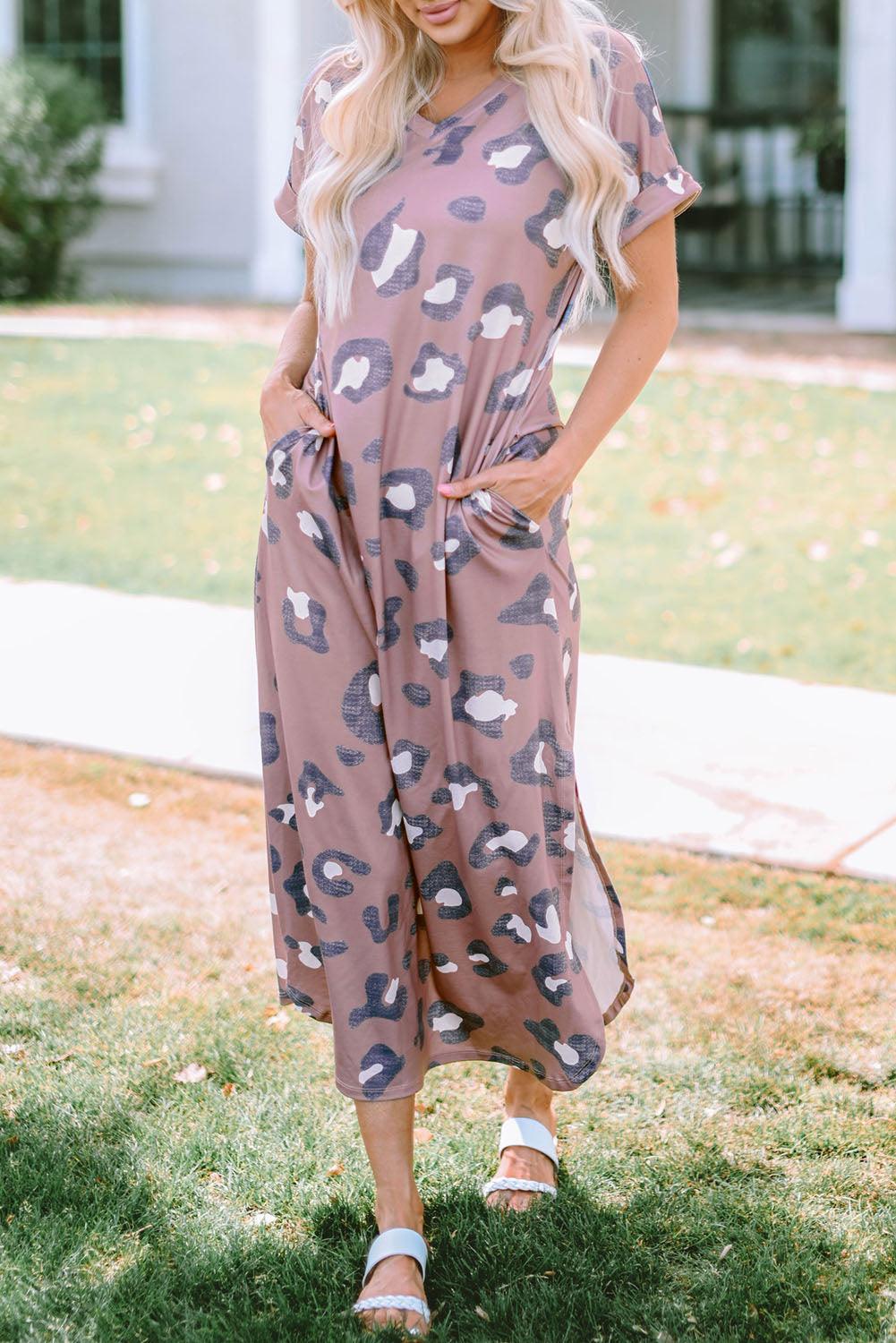 Leopard V-Neck Long Tee Dress Maxi Dresses MyDresses Leopard 8 | S 