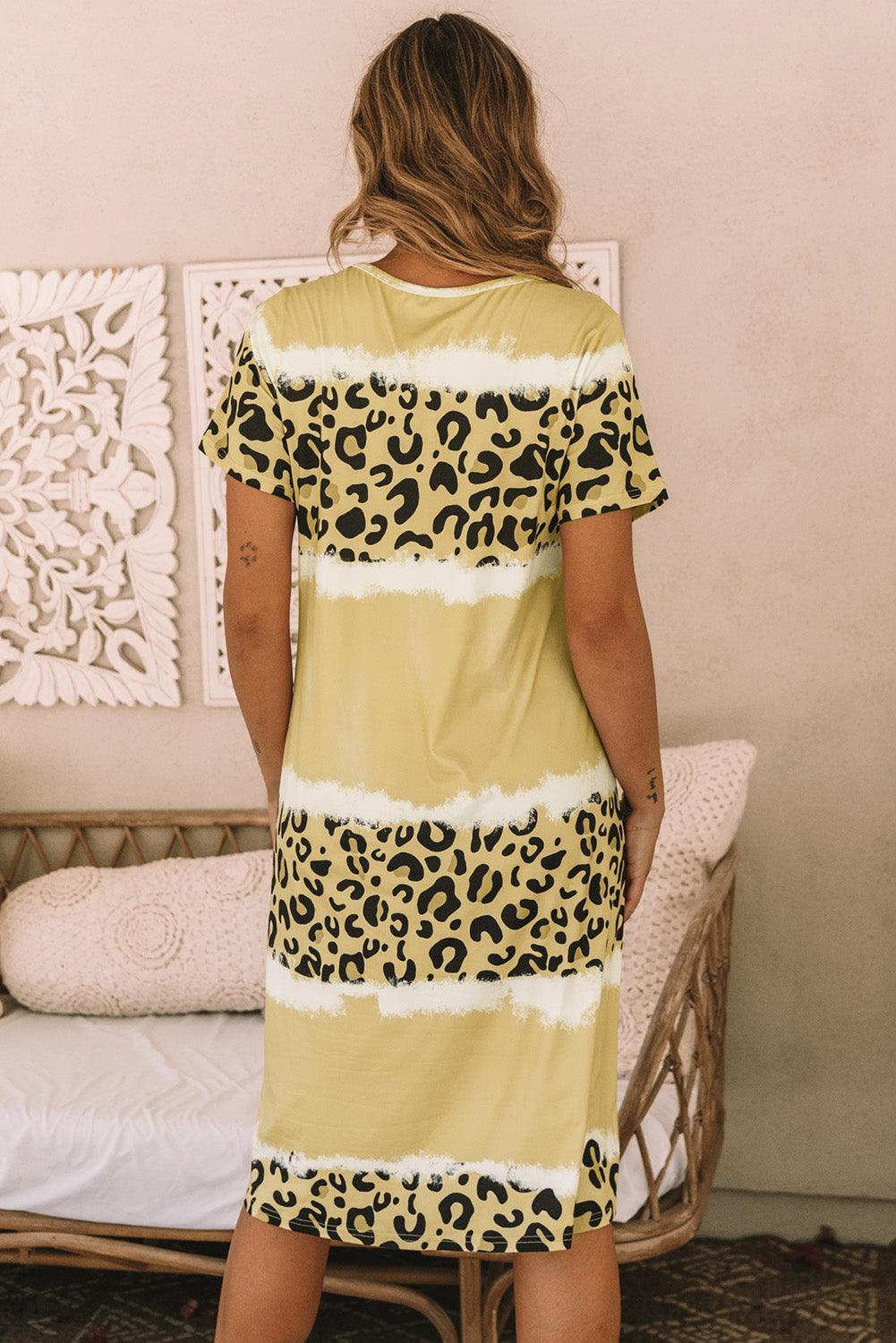 Leopard V-Neck Tee Dress Block Design Mini Dresses MyDresses 