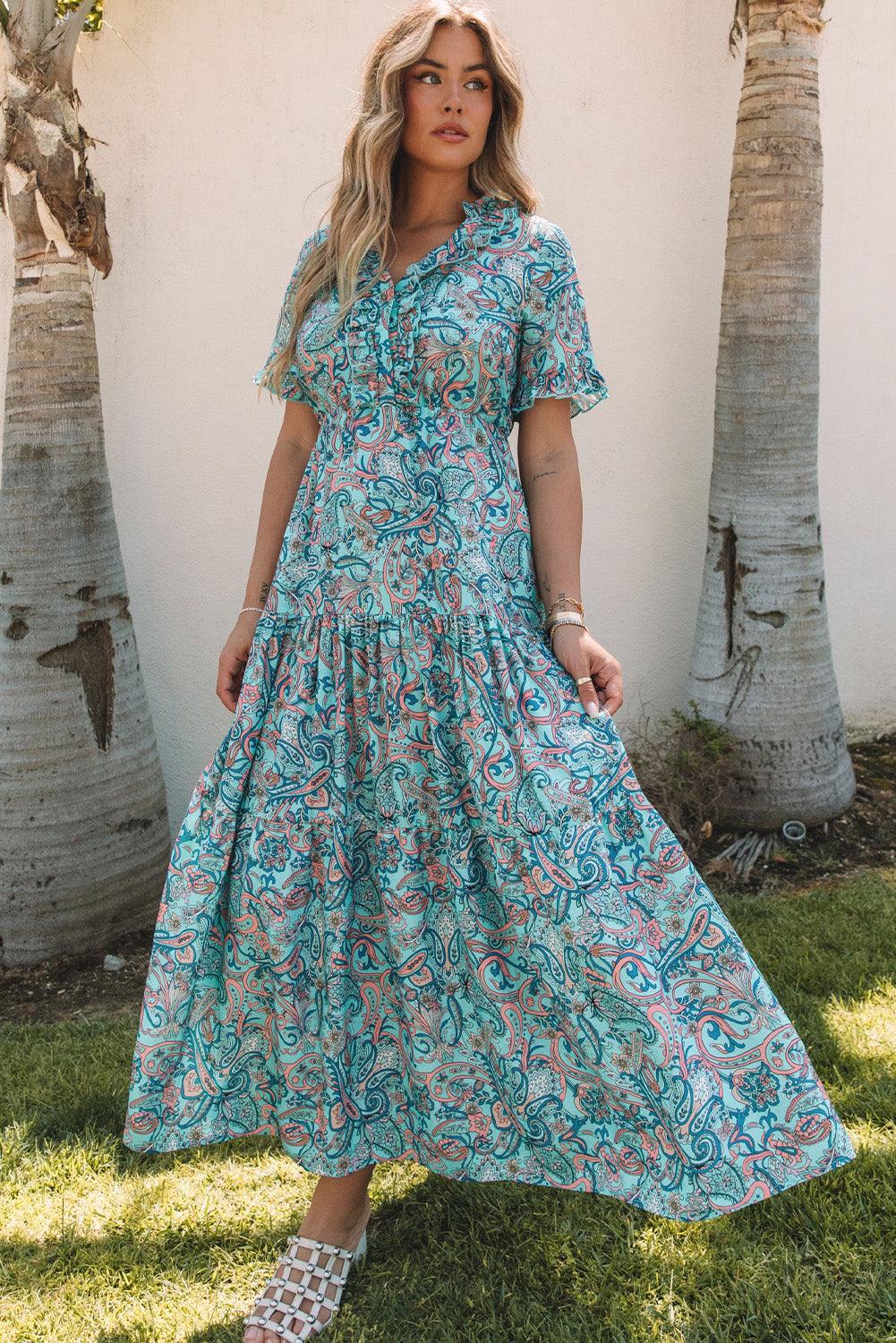 Paisley Print Boho Ruffle Tiered Maxi Dress Maxi Dresses MyDresses 