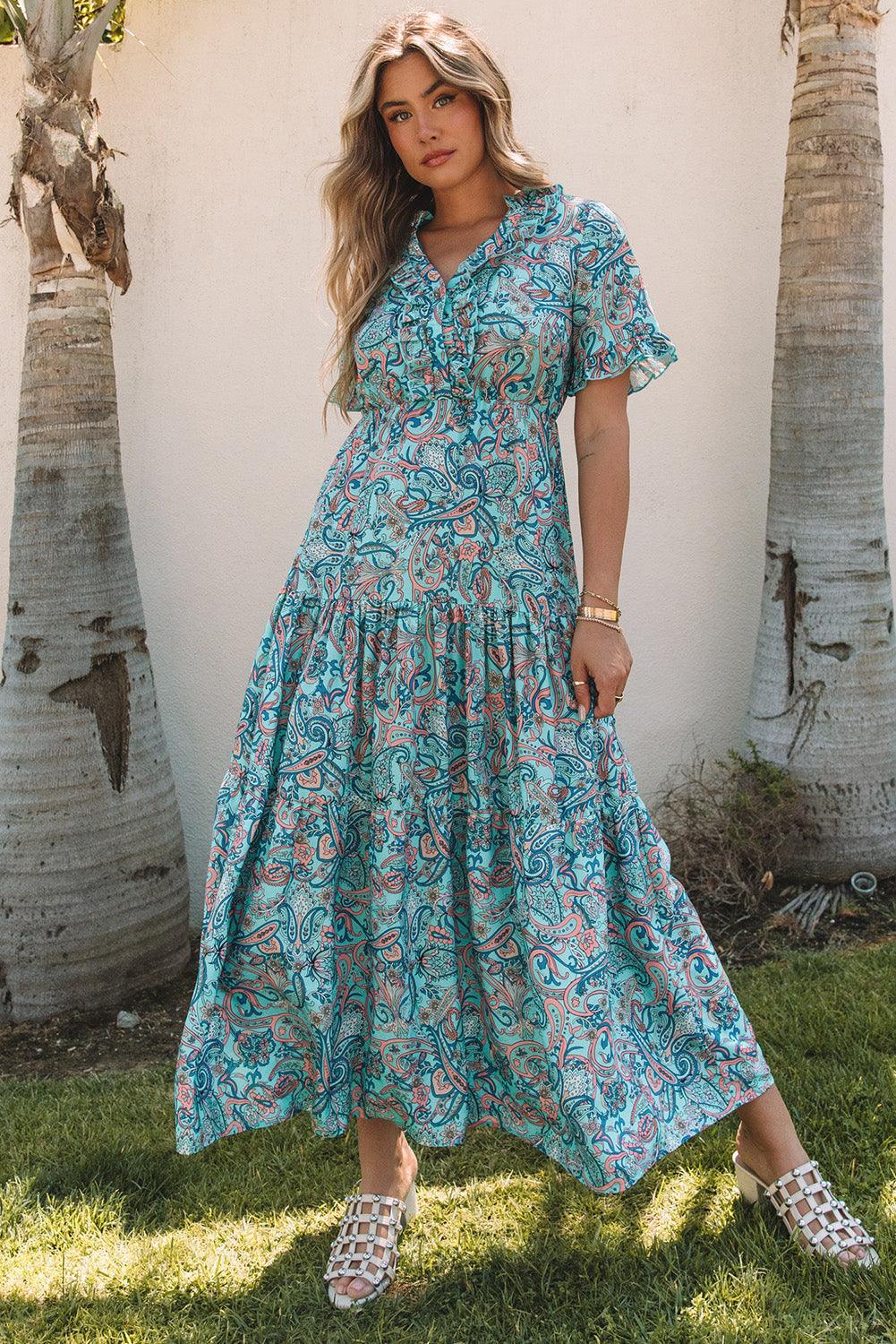 Paisley Print Boho Ruffle Tiered Maxi Dress Maxi Dresses MyDresses 