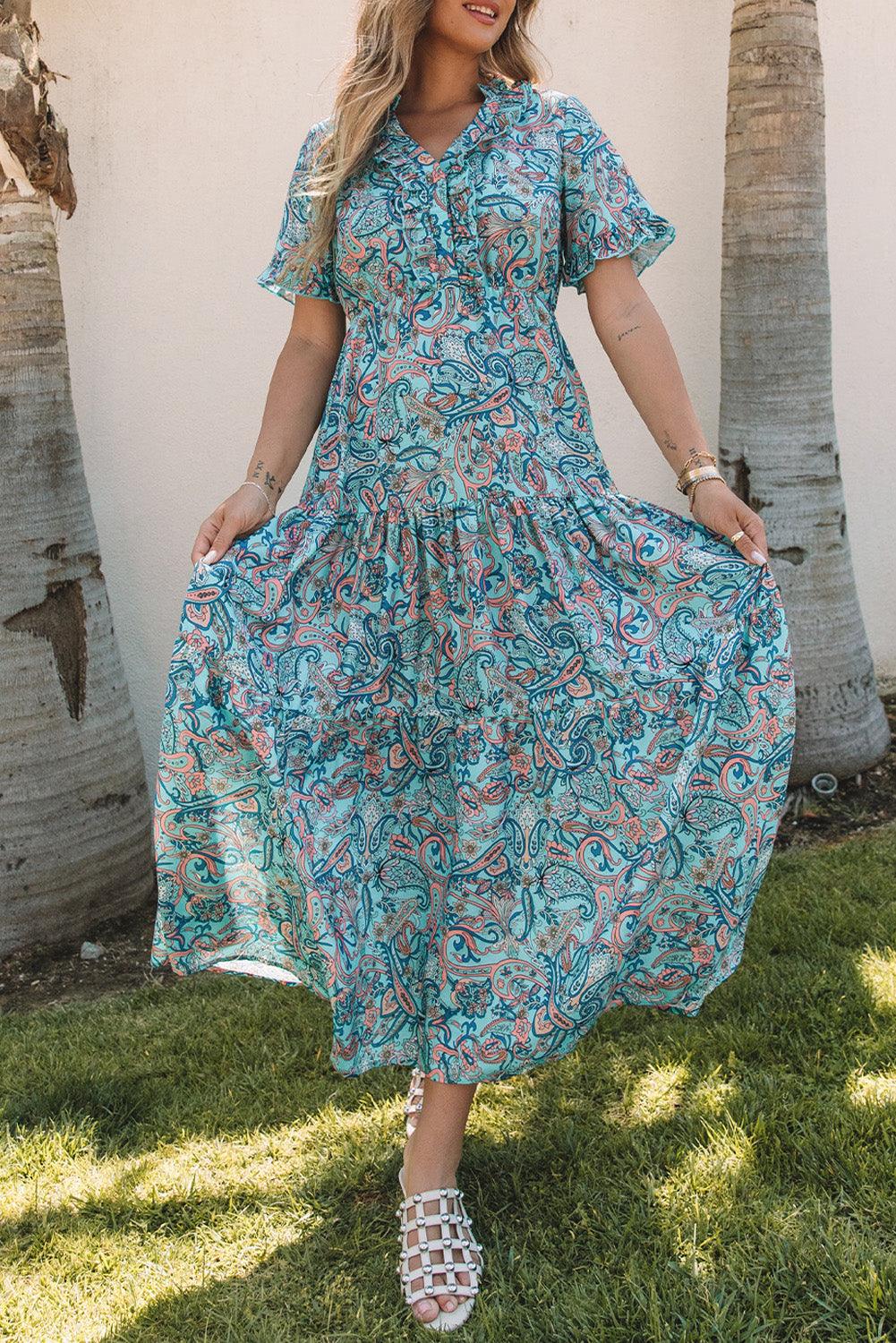 Paisley Print Boho Ruffle Tiered Maxi Dress Maxi Dresses MyDresses Sky Blue 8 | S 