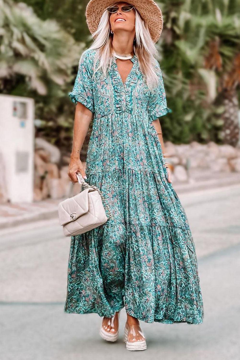 Paisley Print Boho Ruffle Tiered Maxi Dress Maxi Dresses MyDresses 