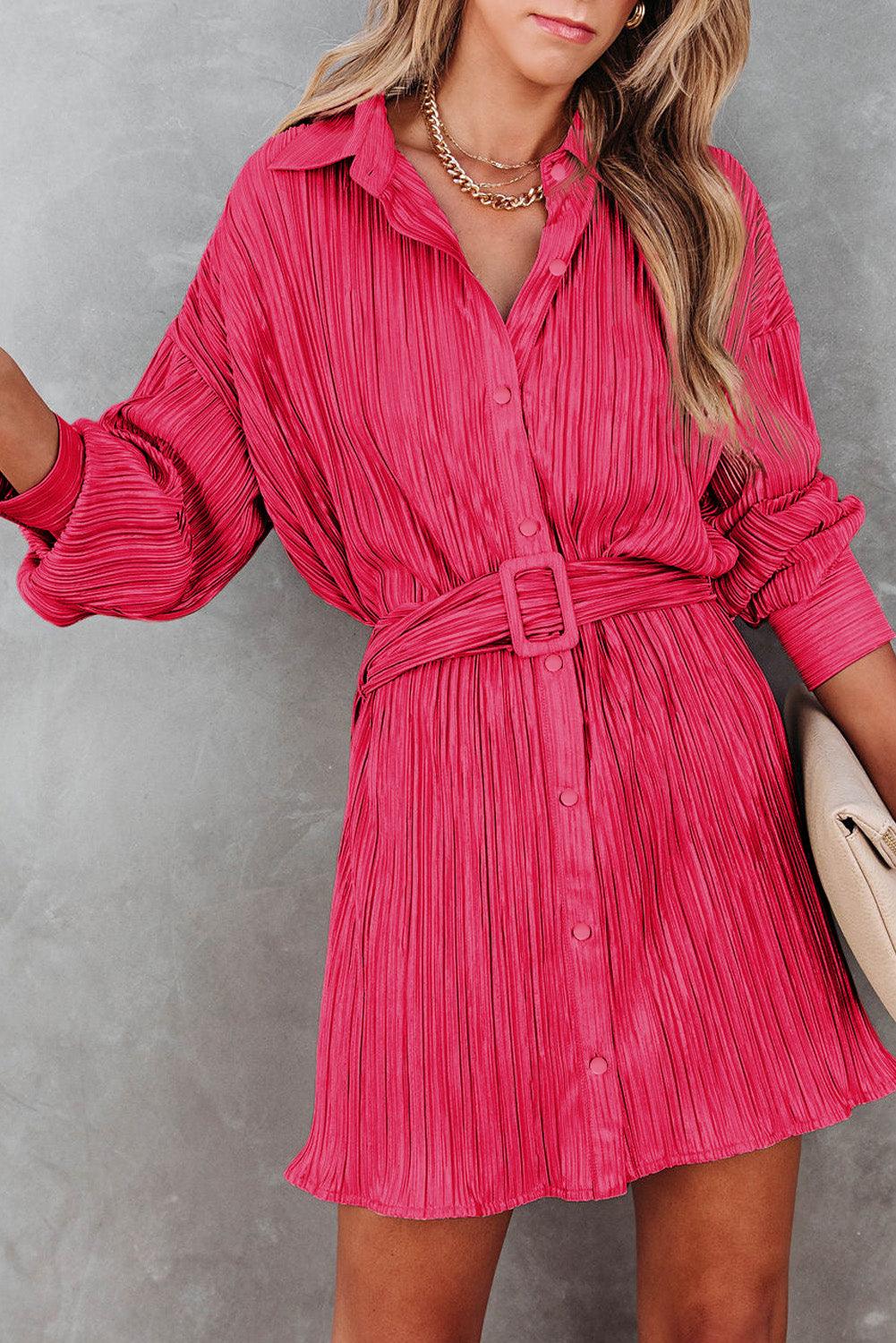 Pleated Buckle Belt Shirt Mini Dress Mini Dresses MyDresses Pink 8 | S 