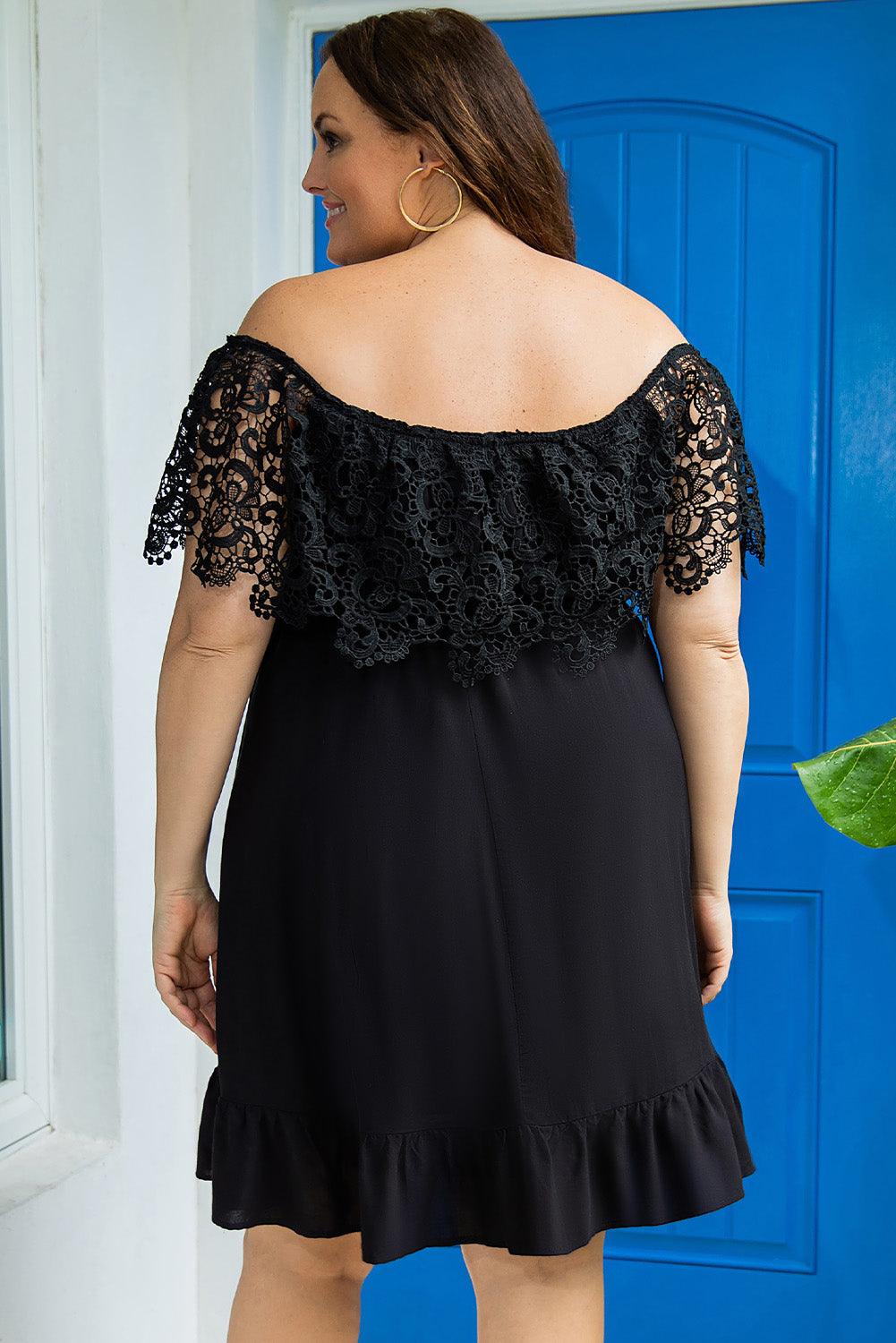 Plus Size Off-the-shoulder Dress with Lace Sleeves Plus Size Mini Dresses MyDresses 