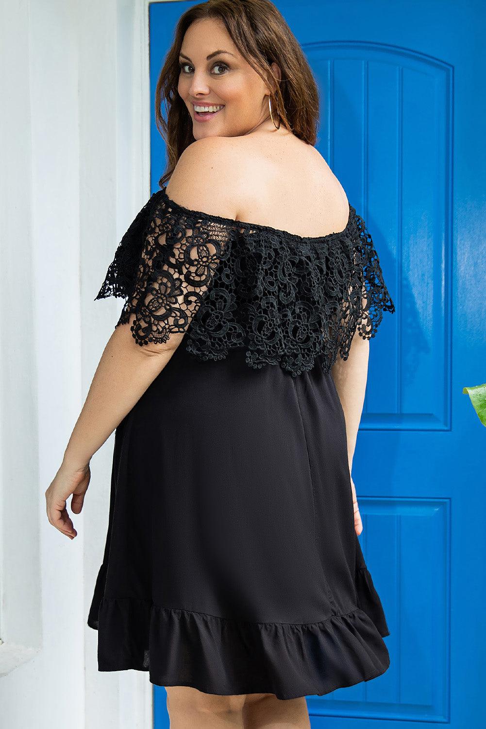 Plus Size Off-the-shoulder Dress with Lace Sleeves Plus Size Mini Dresses MyDresses 