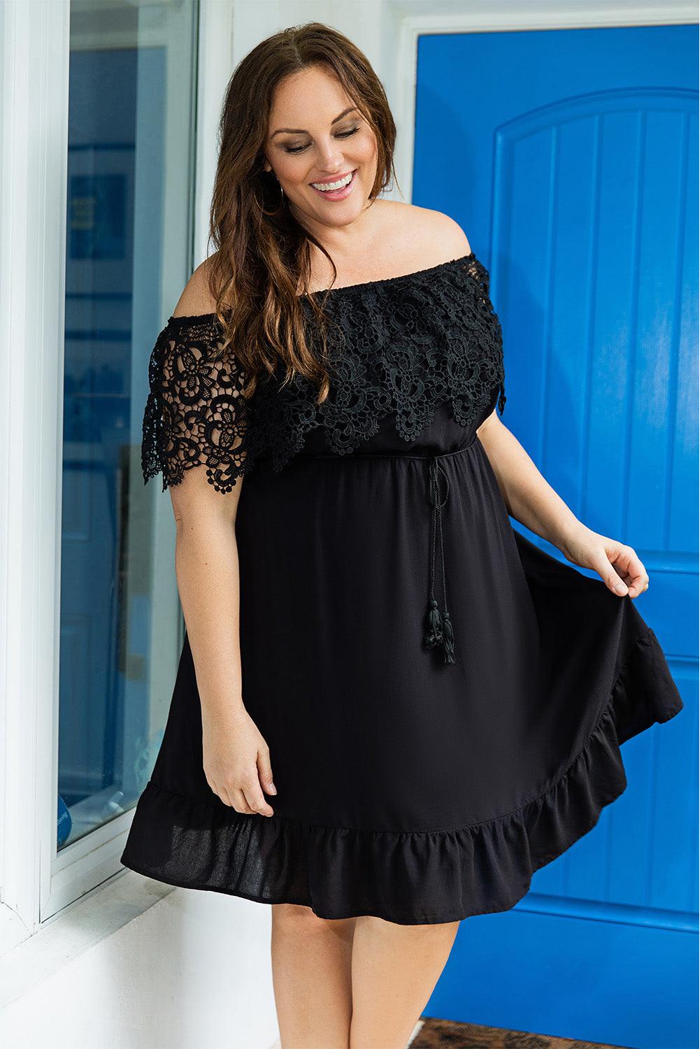 Plus Size Off-the-shoulder Dress with Lace Sleeves Plus Size Mini Dresses MyDresses 