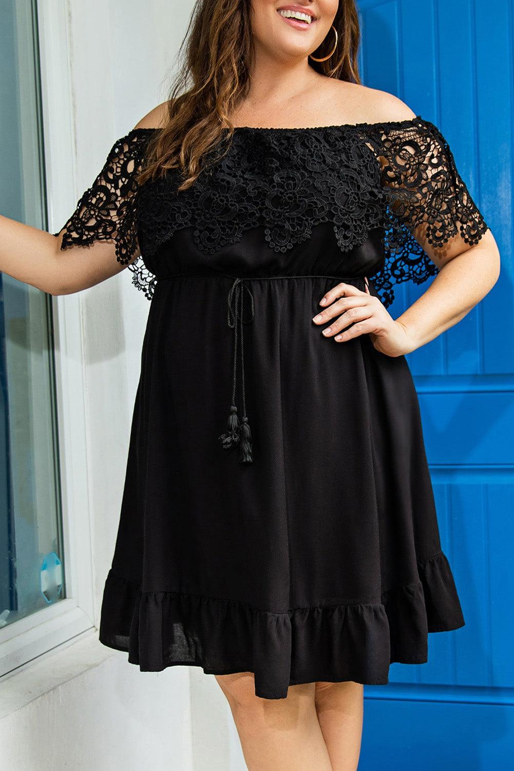 Plus Size Off-the-shoulder Dress with Lace Sleeves Plus Size Mini Dresses MyDresses Black 18-20 | 1X 