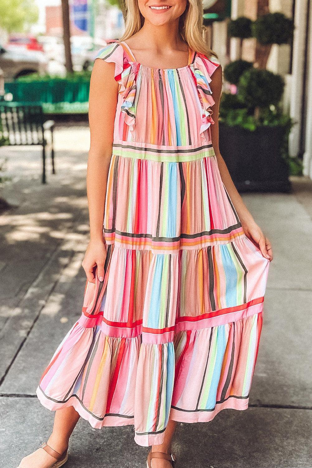 Rainbow Stripe Ruffle Tiered Dress Maxi Dresses MyDresses Pink 8 | S 